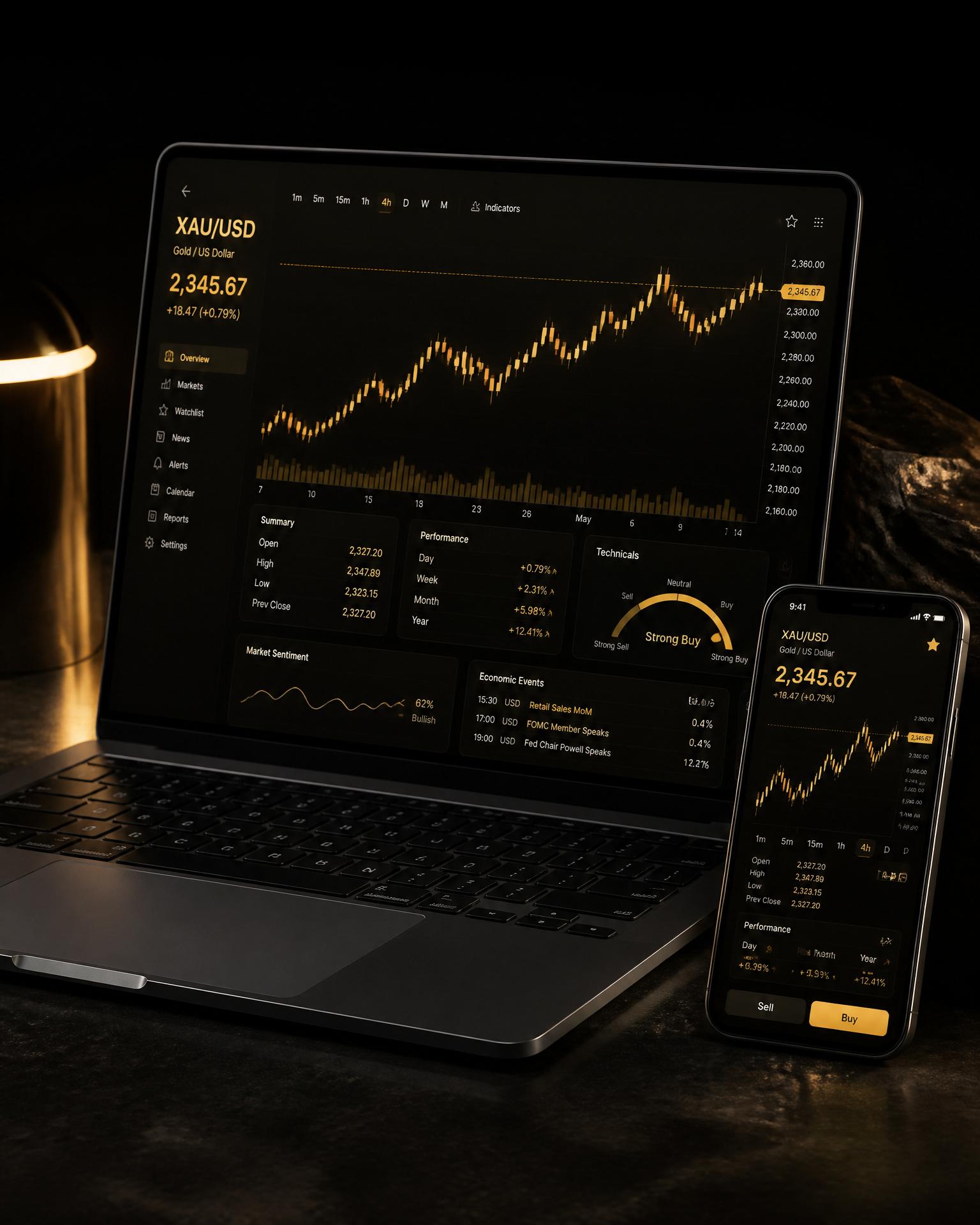 Notebook e celular exibindo dashboard de trading XAU/USD com gráficos em dourado